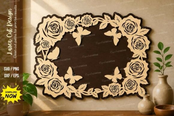 Elegant Floral Rose Frame Laser Cut SVG