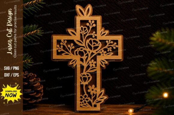 Floral Cross Wall Art: Precision Laser Cut SVG Files