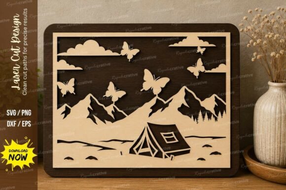 Mountain Camping Frame Laser Cut SVG Design